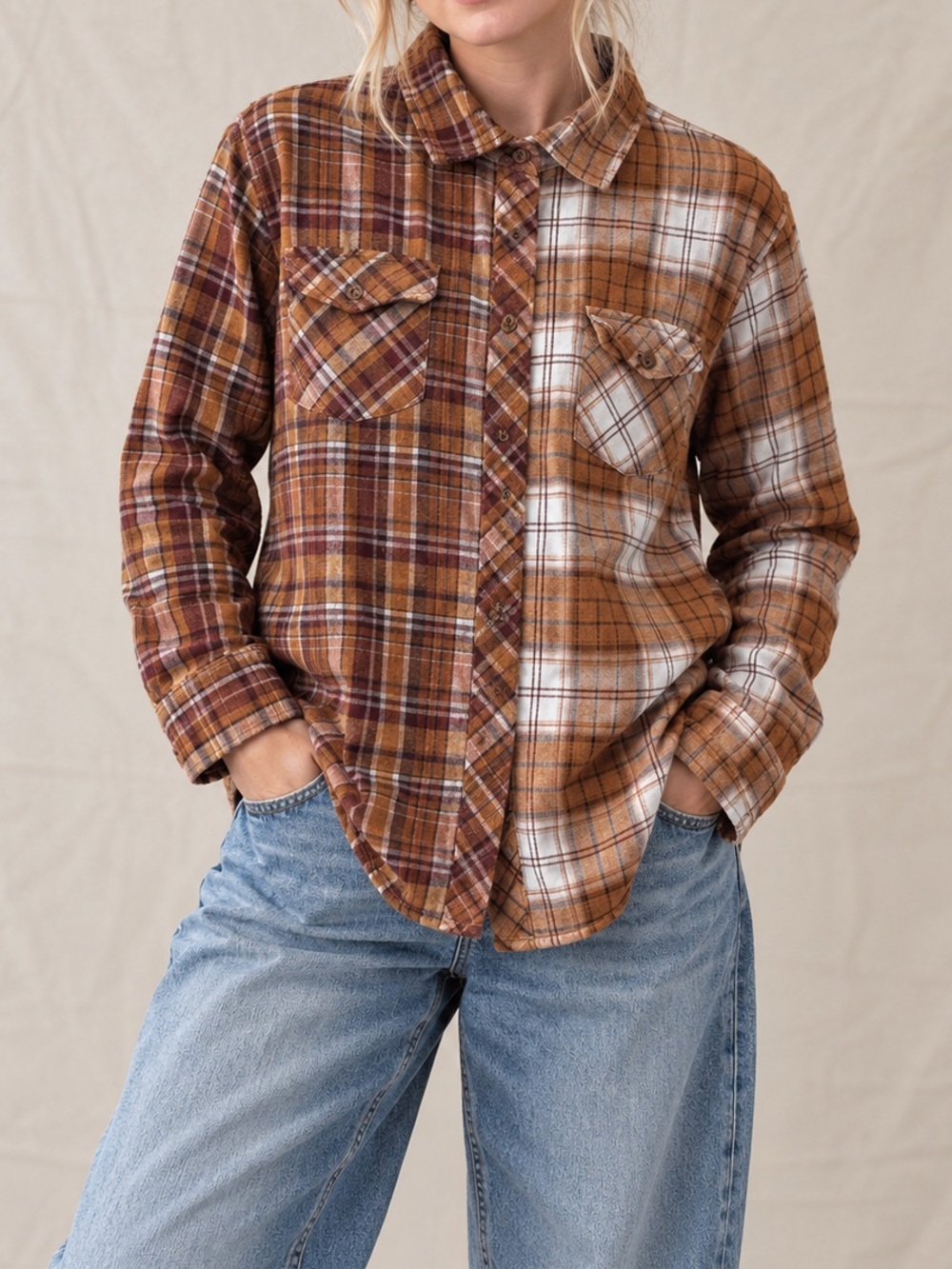 Two Tone Plaid Flannel Shirt Women’s L Fall Brown Orange